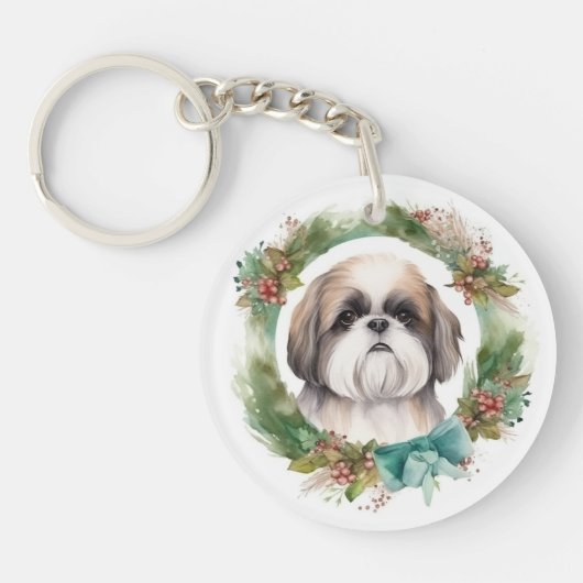 Shih Tzu Kerstkrans feestelijke pup Sleutelhanger (Voorkant)