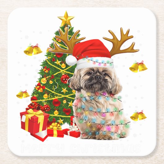 Shih Tzu - kerstlampboom | Kerstmis Kartonnen Onderzetters (Voorkant)