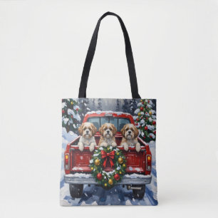 Shih Tzu Kerstmis Rode Truck Winter Tote Bag