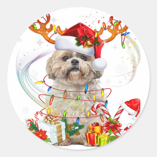 Shih Tzu Kerstrendierster | Kerstlampjes Ronde Sticker (Voorkant)