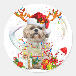 Shih Tzu Kerstrendierster | Kerstlampjes Ronde Sticker