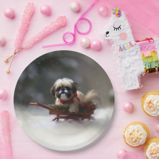Shih Tzu Kerstsneeuw winter Papieren Bordje (Feest)