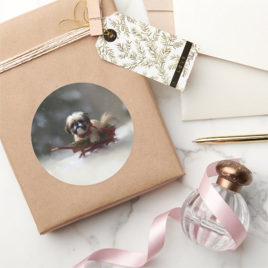 Shih Tzu Kerstsneeuw winter Ronde Sticker (Geschenken)