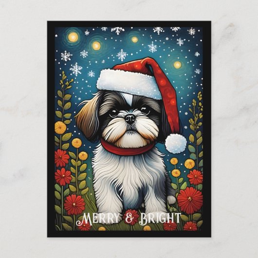 Shih Tzu Kleurrijke Bloem Santa Hond Kerstmis Briefkaart (Voorkant)