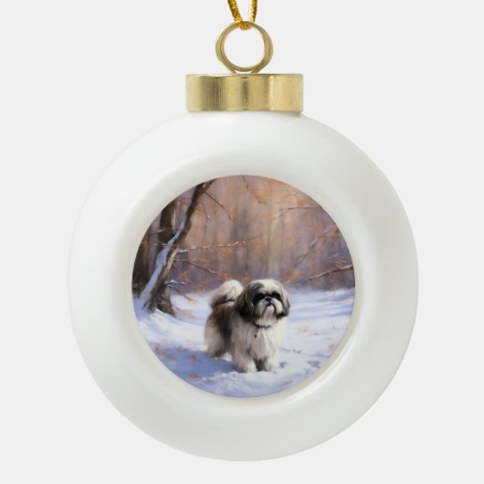 Shih Tzu Laat het sneeuwen Kerstmis Keramische Bal Ornament (Voorkant)
