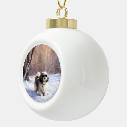 Shih Tzu Laat het sneeuwen Kerstmis Keramische Bal Ornament (Rechts)