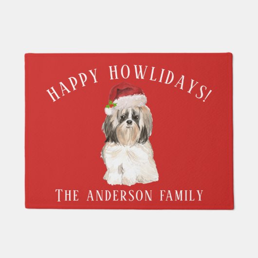 Shih tzu Langer haar Hond Gelukkige Feestdagen Ker Deurmat (Voorkant)