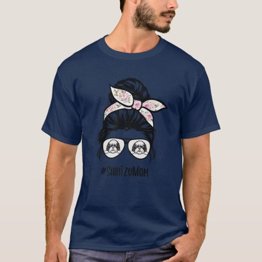 Shih Tzu Mam Messy Bun Hair Glasses T-shirt (Voorkant)