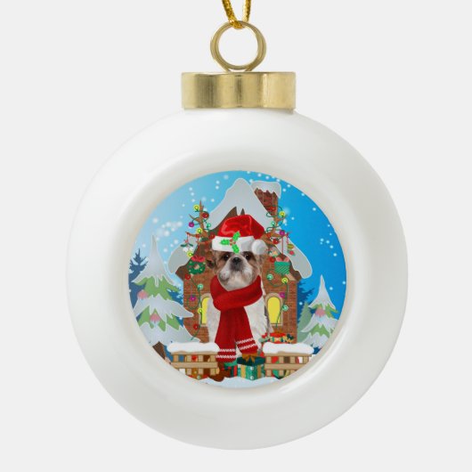 Shih Tzu met kerstcadeaus Keramische Bal Ornament (Voorkant)