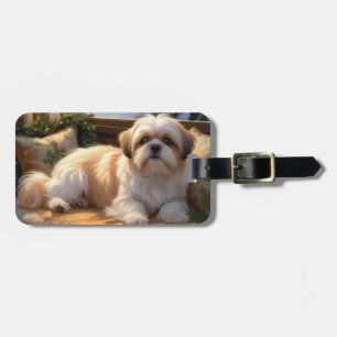 Shih Tzu met kerstverlichting Vakantie Bagagelabel