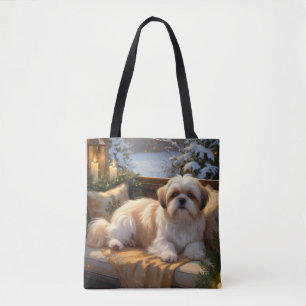 Shih Tzu met kerstverlichting Vakantie Tote Bag