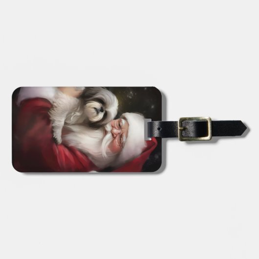 Shih Tzu Met Sinterklaas Feestelijke Kerstmis Bagagelabel (Voorkant horizontaal)