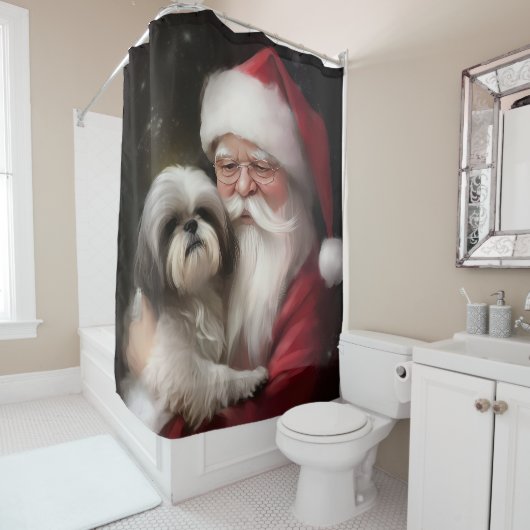 Shih Tzu Met Sinterklaas Feestelijke Kerstmis Douchegordijn (In situ)