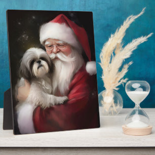 Shih Tzu Met Sinterklaas Feestelijke Kerstmis Fotoplaat