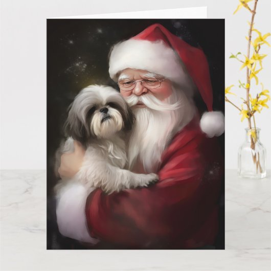 Shih Tzu Met Sinterklaas Feestelijke Kerstmis Kaart (Gele Bloem)