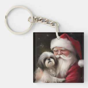 Shih Tzu Met Sinterklaas Feestelijke Kerstmis Sleutelhanger