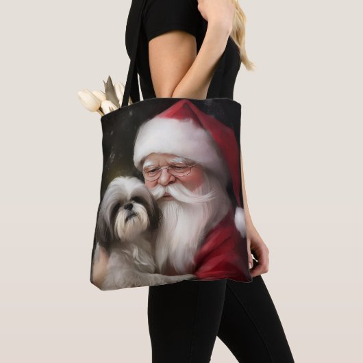Shih Tzu Met Sinterklaas Feestelijke Kerstmis Tote Bag (Dichtbij)