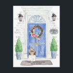 Shih tzu Moving Announcement Briefkaart<br><div class="desc">kondig je nieuwe adres aan met onze stijlvolle aankondiging met een Long hair Shih tzu,  blauwe voordeur,  welkomstmat,  leisteen,  topiaries en een florale poot op een grijze bakstenen achtergrond.</div>