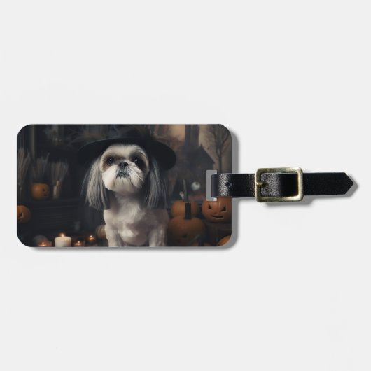 Shih Tzu Pompoenen Halloween Griezelen Bagagelabel (Voorkant horizontaal)