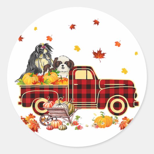 Shih Tzu Pumpkin Truck | Fall Leaf Thanksgiving Ronde Sticker (Voorkant)