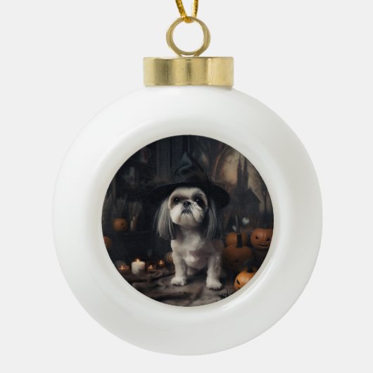 Shih Tzu Pumpkins Halloween eng Keramische Bal Ornament (Voorkant)