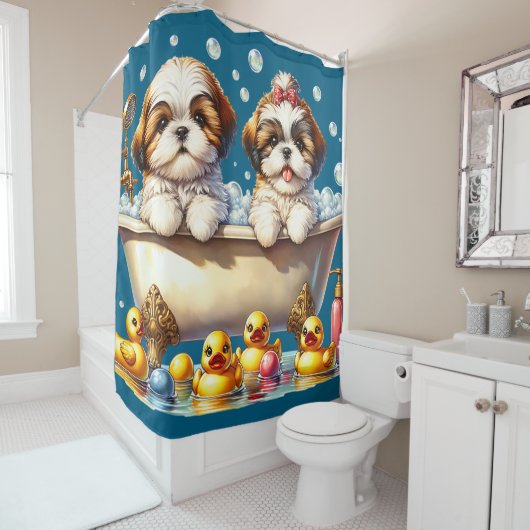 Shih Tzu Puppies in Bubble Bath Douchegordijn (In situ)