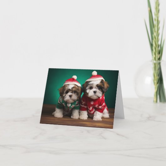 Shih Tzu Puppies Kerstmis Kaart (Voorkant)