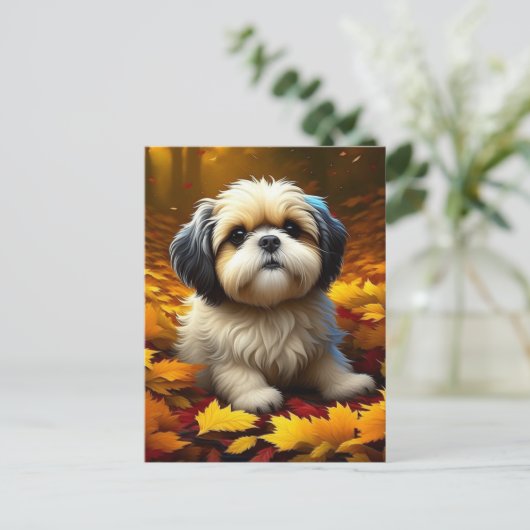 Shih Tzu Puppy Dog Spelen In Herfst Bladeren Briefkaart (Staand voorkant)