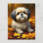 Shih Tzu Puppy Dog Spelen In Herfst Bladeren Briefkaart (Voorkant)
