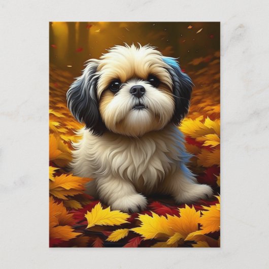 Shih Tzu Puppy Dog Spelen In Herfst Bladeren Briefkaart (Voorkant)