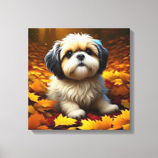 Shih Tzu Puppy Dog Spelen In Herfst Bladeren Canvas Afdruk (Voorkant)