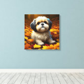Shih Tzu Puppy Dog Spelen In Herfst Bladeren Canvas Afdruk (Insitu (Houten vloer))