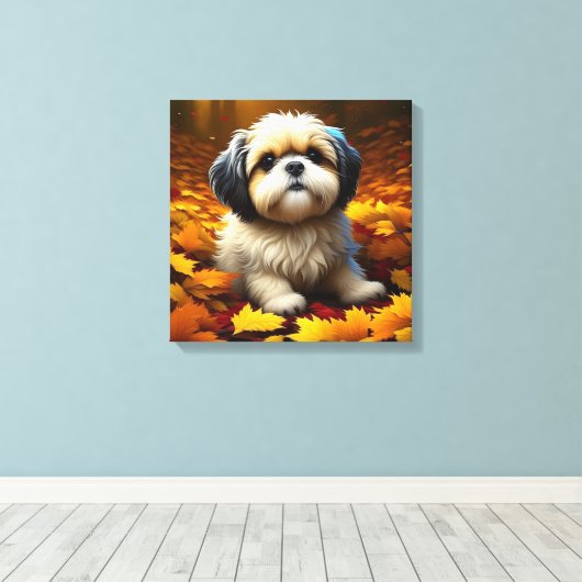 Shih Tzu Puppy Dog Spelen In Herfst Bladeren Canvas Afdruk (Insitu (Houten vloer))