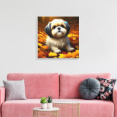 Shih Tzu Puppy Dog Spelen In Herfst Bladeren Canvas Afdruk (Insitu (Woonkamer))