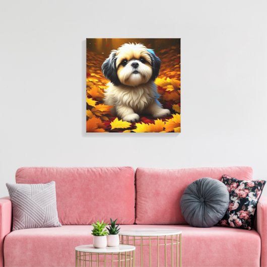 Shih Tzu Puppy Dog Spelen In Herfst Bladeren Canvas Afdruk (Insitu (Woonkamer))