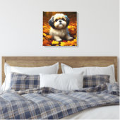 Shih Tzu Puppy Dog Spelen In Herfst Bladeren Canvas Afdruk (Insitu (Slaapkamer))