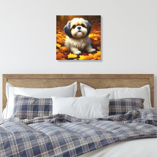 Shih Tzu Puppy Dog Spelen In Herfst Bladeren Canvas Afdruk (Insitu (Slaapkamer))