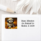 Shih Tzu Puppy Dog Spelen In Herfst Bladeren Etiket (Insitu)