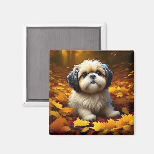 Shih Tzu Puppy Dog Spelen In Herfst Bladeren Magneet (Voorkant / Achterkant)