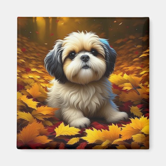 Shih Tzu Puppy Dog Spelen In Herfst Bladeren Magneet (Voorkant)