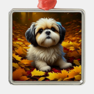 Shih Tzu Puppy Dog Spelen In Herfst Bladeren Metalen Ornament
