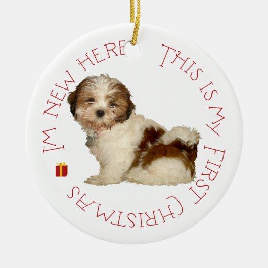 Shih Tzu Puppy First Kerstmis Keramisch Ornament (Voorkant)