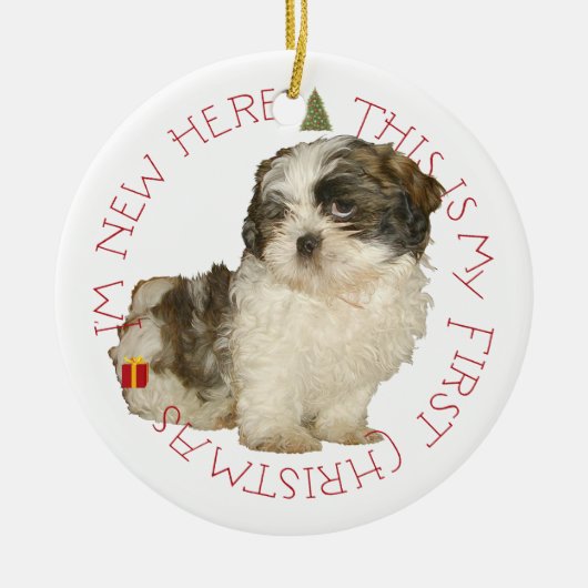 Shih Tzu Puppy First Kerstmis Keramisch Ornament (Voorkant)