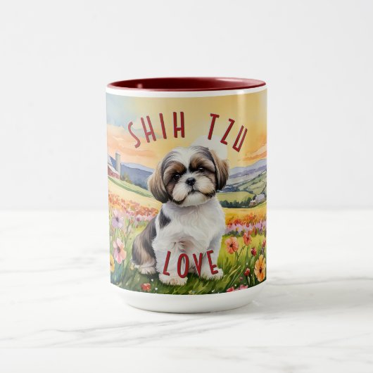 Shih Tzu Puppy Flower Field Combo Mok (Midden)