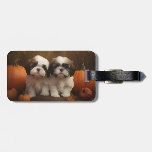 Shih Tzu Puppy Herfst Delight Pompoen Bagagelabel (Achterkant horizontaal)