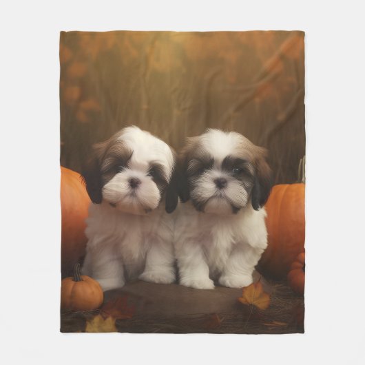 Shih Tzu Puppy Herfst Delight Pompoen Fleece Deken (Voorkant)