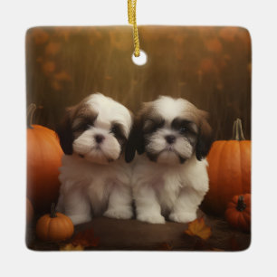 Shih Tzu Puppy Herfst Delight Pompoen Keramisch Ornament
