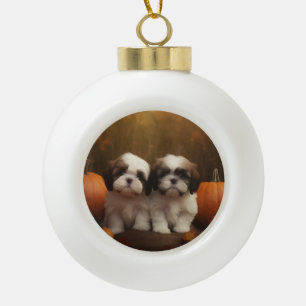 Shih Tzu Puppy Herfst Delight Pompoen Keramische Bal Ornament