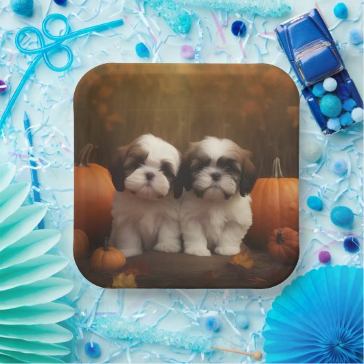 Shih Tzu Puppy Herfst Delight Pompoen Papieren Bordje (Feest)