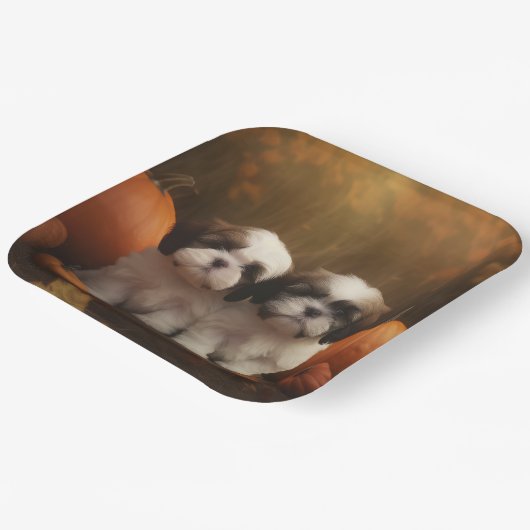 Shih Tzu Puppy Herfst Delight Pompoen Papieren Bordje (Gebogen)